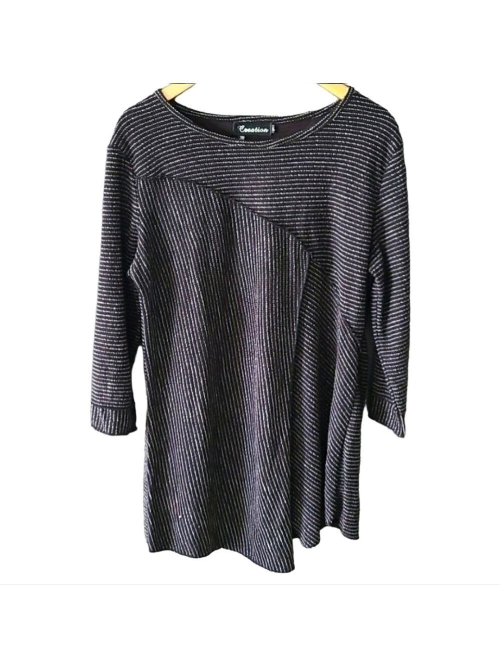 CREATION Striped Asymmetrical Hem 3/4 Sleeve Gray Tunic Top Size SM NWT